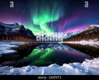 Majestic Northern Lights Over Snowy Mountain Lake Stock Photo