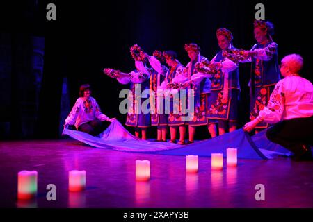 Odessa, Ukraine. 07th June, 2024. Actors with mental disabilities dressed in national Ukrainian costumes of the Theater of Tolerance perform the play 'A Look at the History of Ukraine' at the Jewish Cultural Center 'Beit Grand' The Theater of Tolerance, managed by the Special Youth of Ukraine Foundation with the support of the League of Jewish Volunteers, organizes the play “A Look at the History of Ukraine,” the purpose of which is to help people with special needs adapt to modern society. Credit: SOPA Images Limited/Alamy Live News Stock Photo