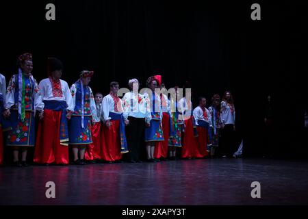 Odessa, Ukraine. 07th June, 2024. Actors with mental disabilities dressed in national Ukrainian costumes of the Theater of Tolerance perform the play 'A Look at the History of Ukraine' at the Jewish Cultural Center 'Beit Grand' The Theater of Tolerance, managed by the Special Youth of Ukraine Foundation with the support of the League of Jewish Volunteers, organizes the play “A Look at the History of Ukraine,” the purpose of which is to help people with special needs adapt to modern society. Credit: SOPA Images Limited/Alamy Live News Stock Photo