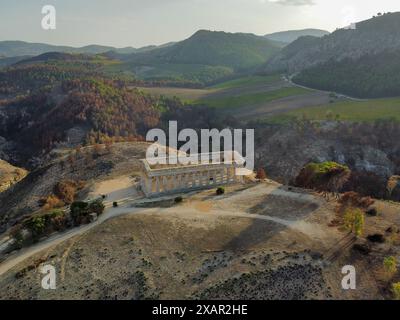 aerial view of the temple of Segesta in the Sicilian hinterland Stock Photo