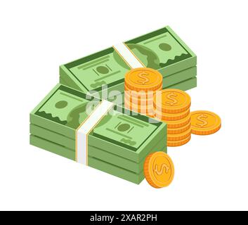 Cartoon banknotes and coins. Green dollar bill packs, bundles, stacks and piles. Flying banknote and falling gold coin. Stock Vector