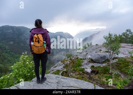 A hiker stands on a rocky precipice, overlooking a misty fjord valley in Norway. The view is breathtaking, with layers of fog and mountains stretching into the distance. Preikestolen, Norway Stock Photo