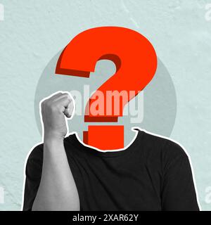 A man's face is covered in a red question mark. The image is a creative and playful way of asking a question, and it could be interpreted as a comment Stock Photo