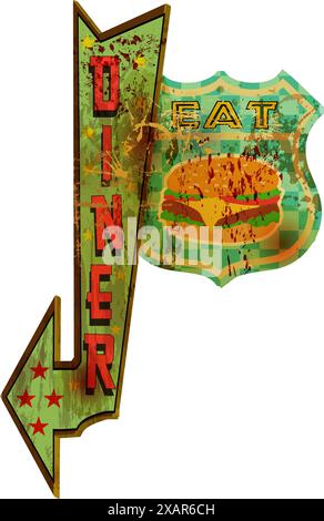 grungy old retro american diner, fast food vintage sign concept, worn and weathered, vector eps Stock Vector