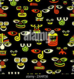 Abstract graphic colored faces seamless pattern on a black background. Ancient Inca mask. hand drawing. Not AI . Vector illustration Stock Vector