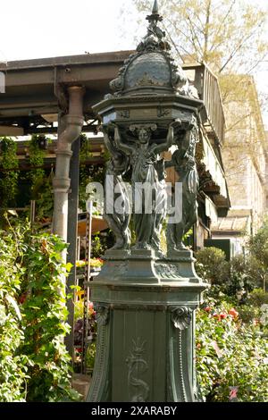 A traditonal green fountain decorated with statues of women in the flower market on the Il de la Cite.  Paris, France Stock Photo