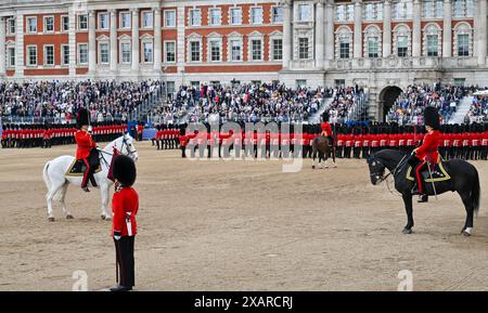 London, UK. 08th June, 2024. The Colonel's Review with the Irish Guards presenting their Colour for the 'Trooping the Colour' ceromony where the salute taker for the Colonel's Review is Lieutenant General James Bucknall, KCB, CBE. The former Commander of the Allied Rapid Reaction Corps Horse Guards Parade, London, UK. Credit: LFP/Alamy Live News Stock Photo