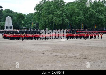 London, UK. 08th June, 2024. The Colonel's Review with the Irish Guards presenting their Colour for the 'Trooping the Colour' ceromony where the salute taker for the Colonel's Review is Lieutenant General James Bucknall, KCB, CBE. The former Commander of the Allied Rapid Reaction Corps Horse Guards Parade, London, UK. Credit: LFP/Alamy Live News Stock Photo