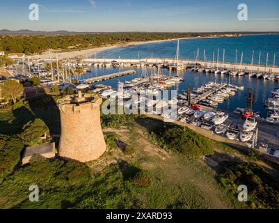 Sa Rapita tower, 1595, Sa Rapita beach, Campos del Puerto, Mallorca, Balearic Islands, Spain. Stock Photo