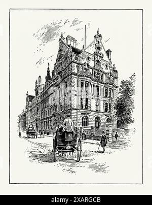 An old engraving of the headquarters of The National Telephone Office, corner of Temple Avenue and Victoria Embankment, London, England, UK c.1900. It is from a Victorian history book of c.1900. Telephone House was designed by Albert Nelson Bromley and built 1898–1902. The National Telephone Company (NTC) was a British telephone company from 1881 until 1911 which brought together smaller companies in the early years of the telephone. By 1911 it controlled most telephone lines in the UK. It was taken over by the General Post Office (the GPO) in 1912. This would later become British Telecom or B Stock Photo