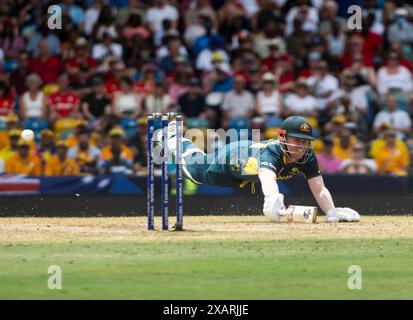 Bridgetown, Barbados. 08th June, 2024. ICC T20 World Cup 2024 - Australia v England Close call for Australia's David Warner as Australia take on England in the ICC T20 World Cup at the Kensington Oval, Bridgetown, Barbados. Credit: Ian Jacobs/Alamy Live News Stock Photo