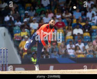 Bridgetown, Barbados. 08th June, 2024. ICC T20 World Cup 2024 - Australia v England England's Adil Rashid bowls as Australia take on England in the ICC T20 World Cup at the Kensington Oval, Bridgetown, Barbados. Credit: Ian Jacobs/Alamy Live News Stock Photo