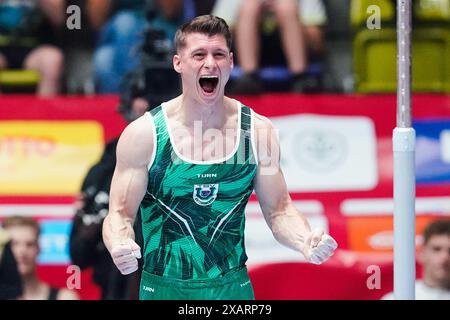 08 June 2024, Hesse, Frankfurt/Main: Gymnastics: German Championships, Decisions, All-around, Men, Süwag Energie Arena. Lukas Dauser (TSV Unterhaching) cheers after a routine. Photo: Uwe Anspach/dpa Stock Photo