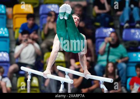 08 June 2024, Hesse, Frankfurt/Main: Gymnastics: German Championships, decisions, all-around, men, Süwag Energie Arena. Lukas Dauser (TSV Unterhaching) performs on parallel bars. Photo: Uwe Anspach/dpa Stock Photo