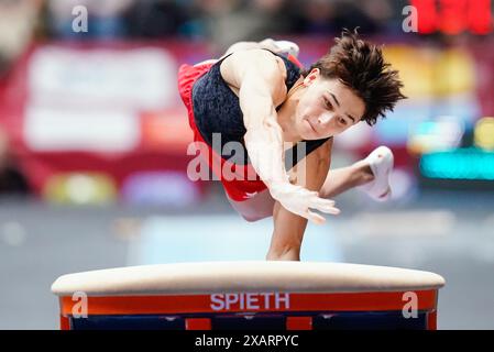 08 June 2024, Hesse, Frankfurt/Main: Gymnastics: German Championships, decisions, all-around, men, Süwag Energie Arena. Timo Eder (MTV Ludwigsburg) performs on the vault. Photo: Uwe Anspach/dpa Stock Photo