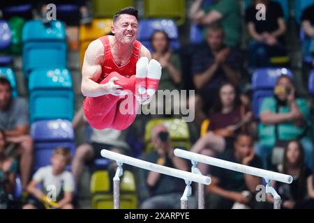 08 June 2024, Hesse, Frankfurt/Main: Gymnastics: German Championships, decisions, all-around, men, Süwag Energie Arena. Andreas Toba (TK Hannover) performs on parallel bars. Photo: Uwe Anspach/dpa Stock Photo