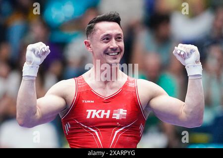 08 June 2024, Hesse, Frankfurt/Main: Gymnastics: German Championships, Decisions, All-around, Men, Süwag Energie Arena. Andreas Toba (TK Hannover) cheers after a routine. Photo: Uwe Anspach/dpa Stock Photo