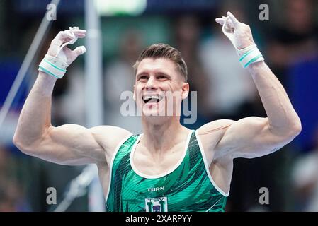 08 June 2024, Hesse, Frankfurt/Main: Gymnastics: German Championships, Decisions, All-around, Men, Süwag Energie Arena. Lukas Dauser (TSV Unterhaching) cheers after a routine. Photo: Uwe Anspach/dpa Stock Photo