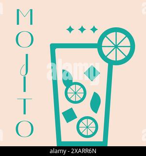 Glass of mojito.Summer cocktail aperitif with mint and ice cubes. Summer cocktail print.Mohito geometric style. Vector illustration EPS 10 Stock Vector