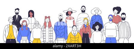 Diverse group of people various ages and styles standing together colorful clothing simple line art minimalistic design Stock Vector