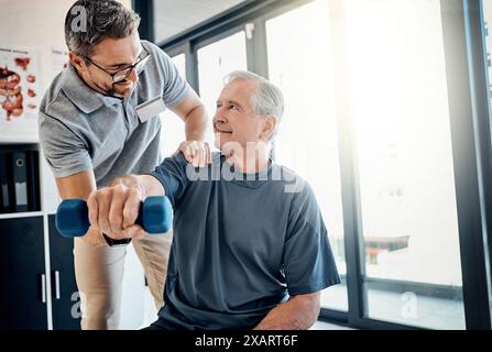 Weight, senior man and physiotherapy with helping, wellness and client assessment at doctor. Consultation, rehabilitation and arm exercise from Stock Photo