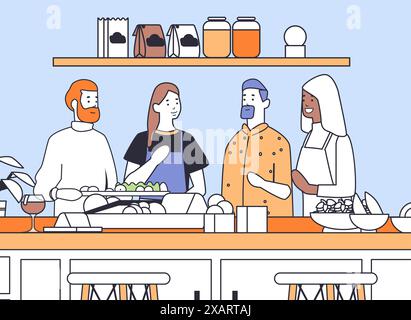 Group of people cooking together in a kitchen surrounded by ingredients utensils and pantry items on shelves Stock Vector