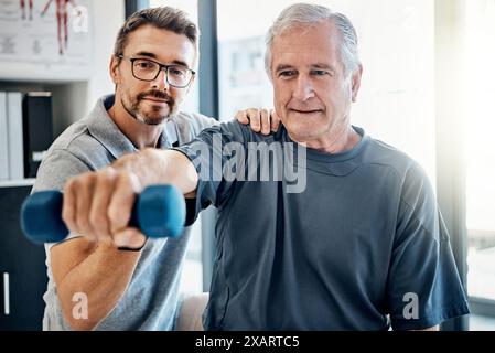 Arm weight, senior man and physiotherapy with healthcare, wellness and client assessment at doctor. Consultation, rehabilitation and exercise from Stock Photo