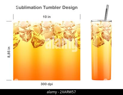 Realistic cocktail pattern with ice cubes. Seamless sublimation template for 20 oz skinny tumbler. Seamless from edge to edge. Stock Photo