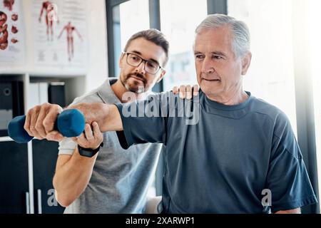 Weight, senior man and physiotherapy with chiropractor, wellness and client assessment at doctor. Consultation, rehabilitation and arm exercise from Stock Photo