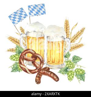 Oktoberfest composition in watercolor. Frothy mugs with light beer, grilled sausages, salty pretzel, barley, hops and Bavarian flags. Clipart for festive designs, card, brewery, flyer, coaster Stock Photo