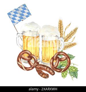 Oktoberfest composition in watercolor. Frothy mugs with light beer, grilled sausages, salty pretzel, barley, hops and Bavarian flags. Clipart for festive designs, card, brewery, flyer, coaster Stock Photo