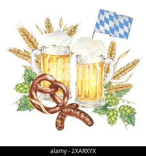 Oktoberfest composition in watercolor. Frothy mugs with light beer, grilled sausages, salty pretzel, barley, hops and Bavarian flags. Clipart for festive designs, card, brewery, flyer, coaster Stock Photo