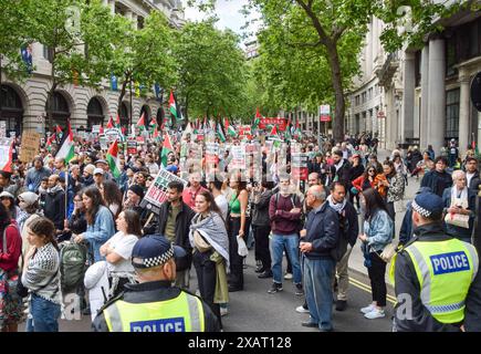 London, UK. 08th June, 2024. Protesters march with Palestinian flags and pro-Palestine placards during the demonstration in Aldwych. Thousands of people marched in solidarity with Palestine demanding a ceasefire as Israel continues its attacks on Gaza. (Photo by Vuk Valcic/SOPA Images/Sipa USA) Credit: Sipa USA/Alamy Live News Stock Photo