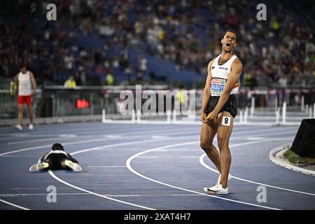 Rome, Italy. 08th June, 2024. Belgian Michael Obasuyi reacts after the men's 110m hurdles final at the European Championships Athletics in Rome, Italy, on Saturday 08 June 2024. The European Athletics Championships take place from 7 to 12 June. BELGA PHOTO JASPER JACOBS Credit: Belga News Agency/Alamy Live News Stock Photo