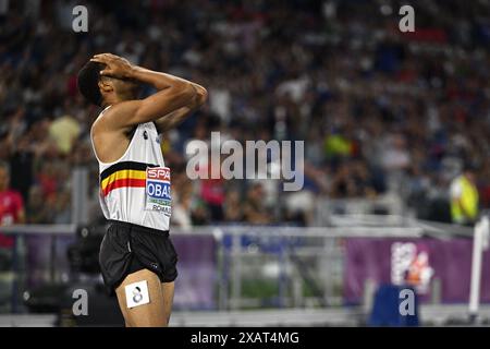 Rome, Italy. 08th June, 2024. Belgian Michael Obasuyi reacts after the men's 110m hurdles final at the European Championships Athletics in Rome, Italy, on Saturday 08 June 2024. The European Athletics Championships take place from 7 to 12 June. BELGA PHOTO JASPER JACOBS Credit: Belga News Agency/Alamy Live News Stock Photo