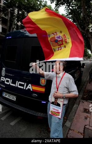 Madrid, Kingdom of Spain; 06/08/2024.- A hundred people pray the Catholic Rosary on Ferraz Street in Madrid, where the headquarters of the Spanish Socialist Workers Party (PSOE) is located. The Superior Court of Justice of Madrid (TSJM) authorized a rally to pray the rosary in front of the PSOE headquarters on Ferraz Street in the capital during the day of reflection and on Sunday itself, when the European elections are held. The authorization of the rosary in Ferraz on the day of reflection: a ruling that corrects the Electoral Board with a speaker who was a senior official of the PP. The s Stock Photo