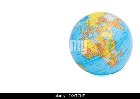 Model of the world lying on its side, globe or Earth isolated on a white background. Africa, Europe, India, Turkey, Iran, Iraq. Horizontal. For text. Stock Photo