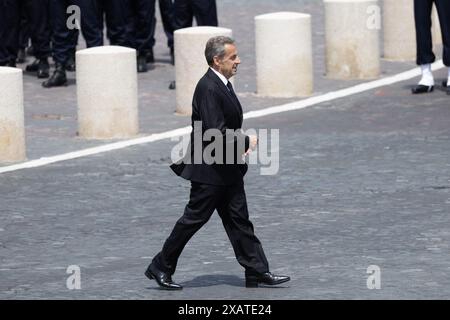 Paris, France. 08th June, 2024. Former french President Nicolas Sarkozy during a ceremony at the Arc of Triomphe, in Paris, on June 8, 2024. US President Joe Biden is due to meet Macron for talks at the Elysee Palace in Paris followed by a state banquet given in his honour, with Ukraine's battle against the Russian invasion the dominant topic. Photo by Raphael Lafargue/ABACAPRESS.COM Credit: Abaca Press/Alamy Live News Stock Photo