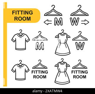 Fitting changing room, male female dressing cabin, try and buy clothing in store line icon. Woman dress, man t-shirt on clothes hanger. Wardrobe sign Stock Vector
