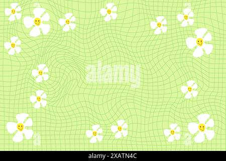 Green groovy psychedelic checkerboard pattern with white daisy flowers. Stock Vector