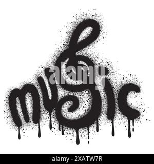 Sprayed music font graffiti with over spray in black over white.Vector Illustration for printing, backgrounds, posters, stickers. Stock Vector