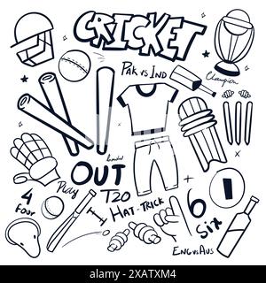 Cricket doodle vector set. Hand drawn Cricket drawing illustration vector. cricket scribble doodle Stock Vector