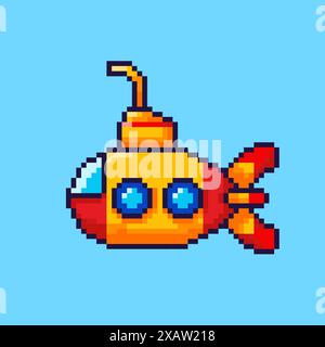 Vector Illustration of submarine with Pixel Art Design, perfect for game assets themed designs Stock Vector