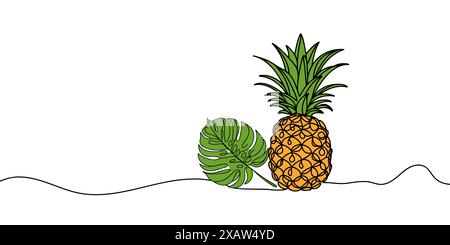 Pineapple continuous one line drawing of outline vector illustration. Drawn from the hand a picture of the silhouette. Line art. Tropical fruit pineap Stock Vector