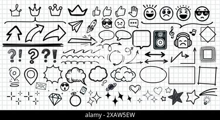 Sketch line arrow element, star, heart shape on chalkboard background. Hand drawn doodle sketch style circle, cloud speech bubble grunge element. Arro Stock Vector