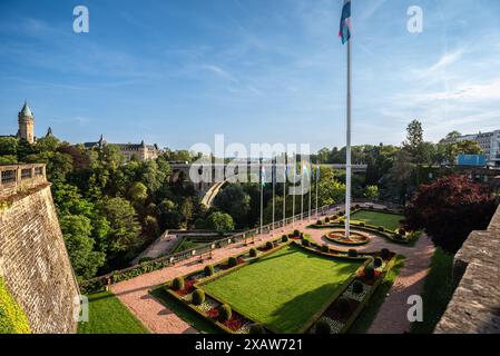 View of Constitution Square Gardens and Adolphe Bridge on a Summer Day - Luxembourg City Stock Photo