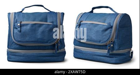 blue fabric handbag, cosmetic or toiletry wash bags isolated white background, hold personal items and convenient for travel or everyday use Stock Photo