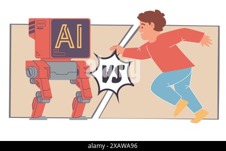 ai vs human fight competition between artificial intelligence versus man robot replacing worker productivity Stock Vector