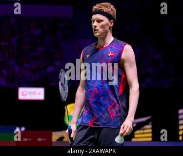 Jakarta, Indonesia. 08th June, 2024. Anders ANTONSEN of Denmark in action during the singles match on day five of the Kapal Api Indonesia Open against Kunlavut VITIDSARN of Thailand at the Istora Gelora Bung Karno on June 8, 2024 in Jakarta, Indonesia Credit: IOIO IMAGES/Alamy Live News Stock Photo