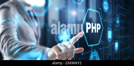 Hypertext Preprocessor PHP Programming. Interpreted programming language. Stock Photo